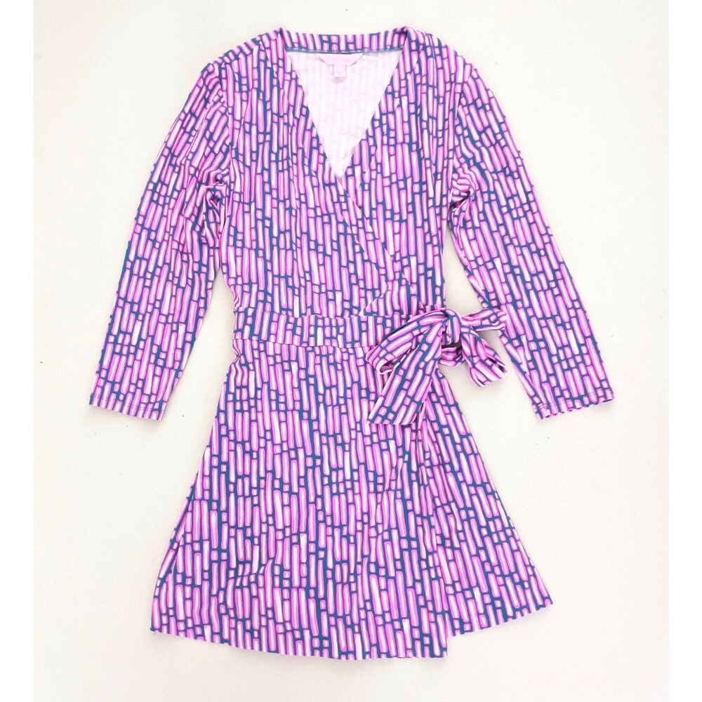 NEW Lilly Pulitzer Karlie Wrap Romper Mandevilla Pink Teal Slathouse Stripe Sz S